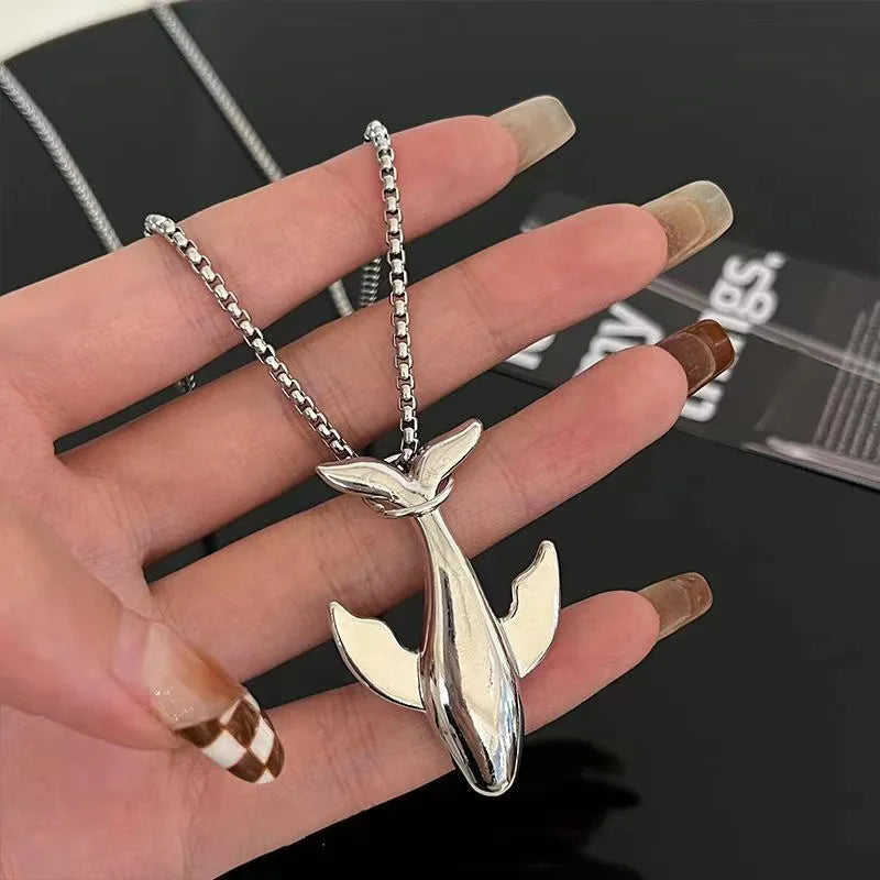 Fashion Trend Whale Stainless Steel Pendant Necklace for Men Exquisite Design Small Whale Cold Wind Long Sweater Chain-Dollar Bargains Online Shopping Australia