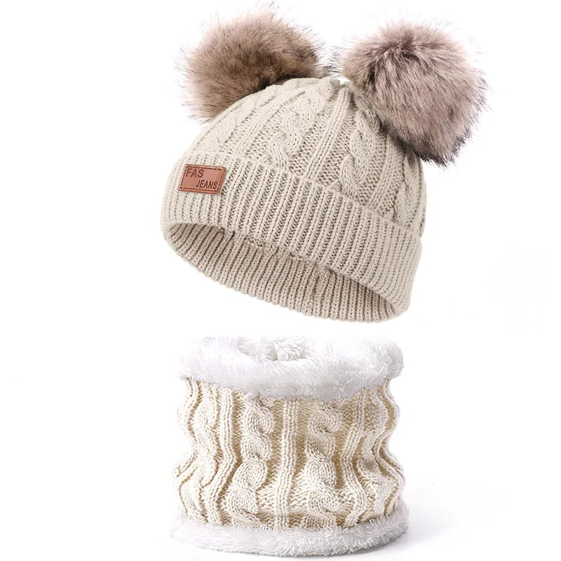 Warm Winter Baby Hats with Scarves for Kids Wool Pompom Baby Hat Children Bonnet Cap Boys Girls Knitted Scarf Gloves Beanie Caps-Dollar Bargains Online Shopping Australia