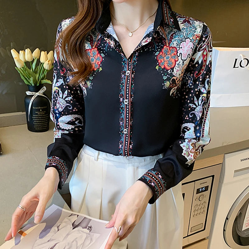 Fashion flower print shirts Women's Blouses Long Sleeve Button-Down Tops
