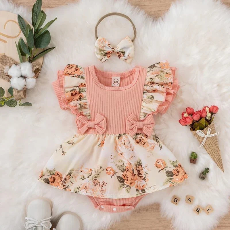 Summer Baby Girl Dress With Bowknot Striped Jumpsuit Cotton Dress For Newborn Floral Clothes Baby Crawling Clothes-Dollar Bargains Online Shopping Australia