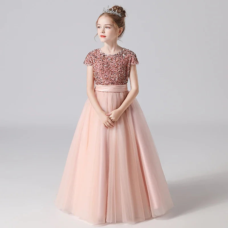 Sparkly Sequins Short Sleeves Flower Girl Dresses Tulle Kids Birthday Party Pageant Prom Gown Junior Bridesmaid-Dollar Bargains Online Shopping Australia