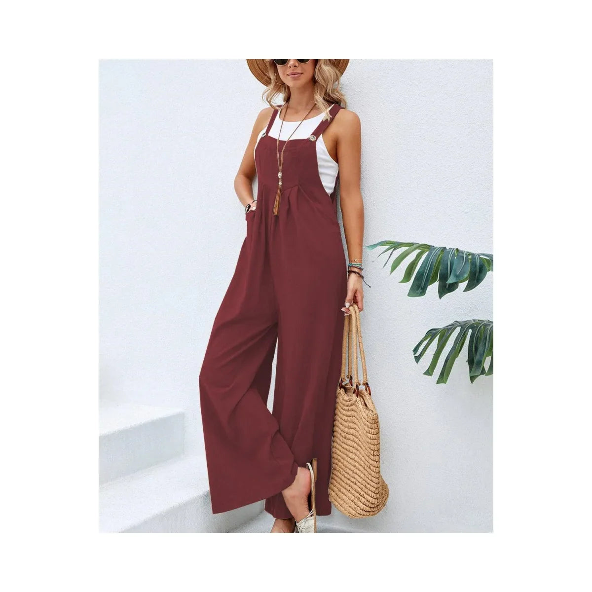 Retro Casual Cotton Suspender Long Pant Pockets Button Wide Leg Strap Jumpsuit Loose Rompers Overalls-Dollar Bargains Online Shopping Australia