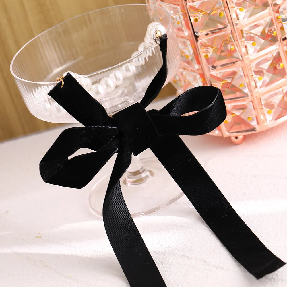 Punk Long Wide Black Velvet Ribbon Choker Bow Tie Simulated Pearl Beads Charm Collar Necklace Gothic Jewelry New Year Gifts-Dollar Bargains Online Shopping Australia