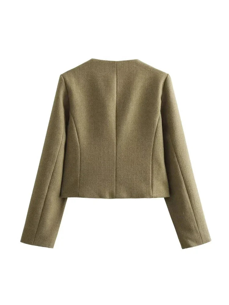 Flap Pocket Crop Jacket Women Vintage O Neck Long Sleeve Versatile Female Blazer-Dollar Bargains Online Shopping Australia