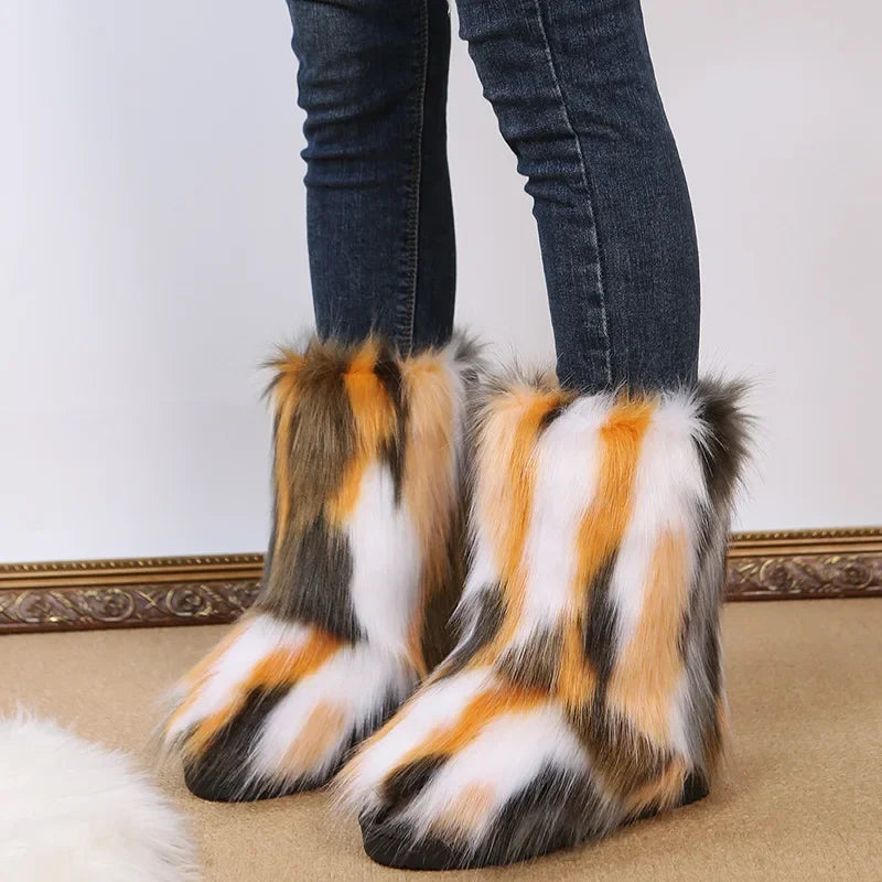 Fashionable Colored Plush Snow Boots Women Winter New Fox Long Hair Comfortable Cotton Shoes Anti Slip Wear-resistant Flat Shoes