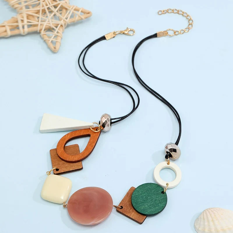 Vintage Wooden Geometric Pendant Necklace with Collar Handmade Ethnic Statement Bib Necklaces for Women Neck-Dollar Bargains Online Shopping Australia
