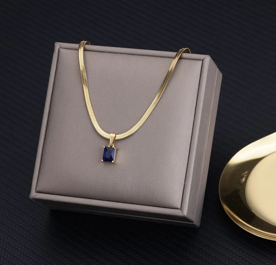 Vintage Rust Steel Zircon Necklace Flat Snake Bone Chain Blade Chain Square Emerald Pendant Necklace Women-Dollar Bargains Online Shopping Australia