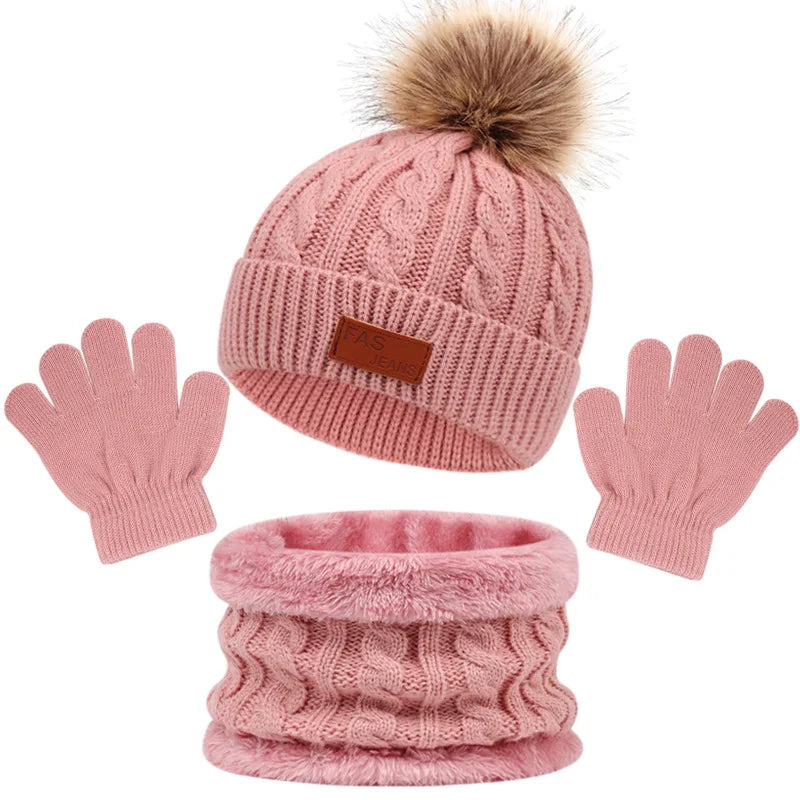 Children Winter Warm Suits Knitted Hat Scarf and Gloves Set For Girls Boy Pompoms Baby Beanies Cap Christmas Gifts For Kids 1-5y-Dollar Bargains Online Shopping Australia