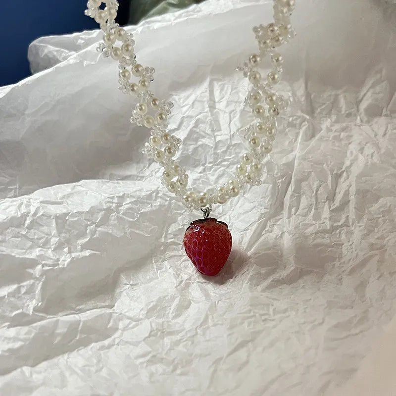 Handmade love necklace sweet romantic pearl strawberry pendant necklace lovely necklace cute necklace necklace for women y2k