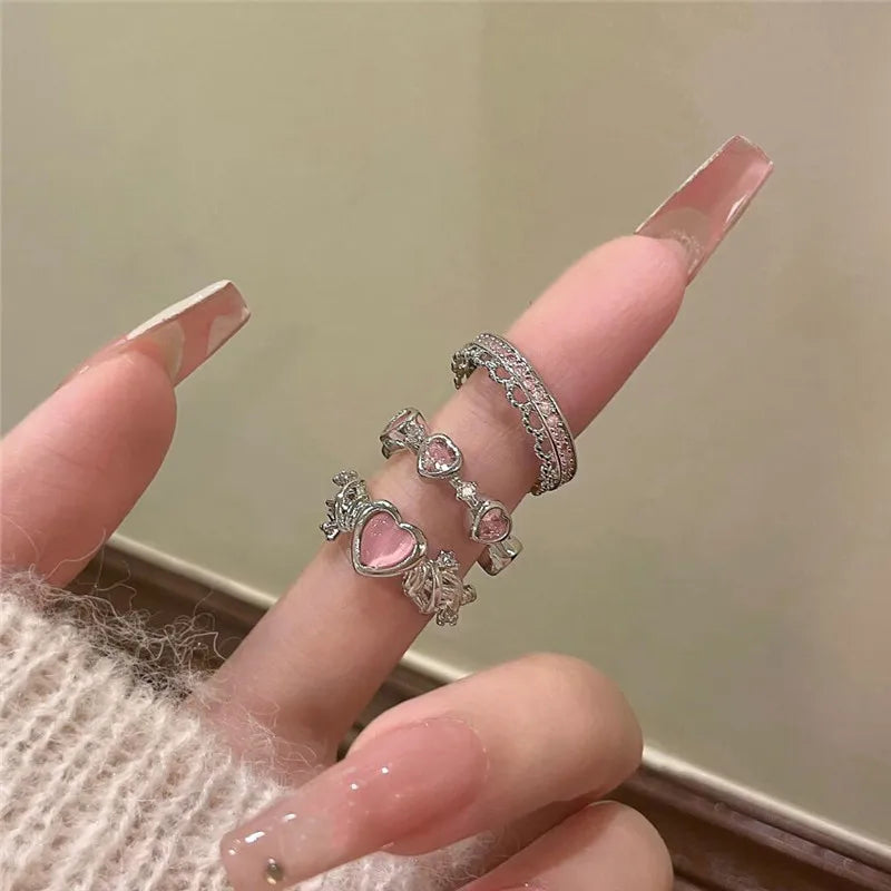 Pink Crystal Irregular Heart Rings Vintage Zircon Opal Love Open Ring Y2K Shiny Zircon Rings for Women Party Jewelry Gift