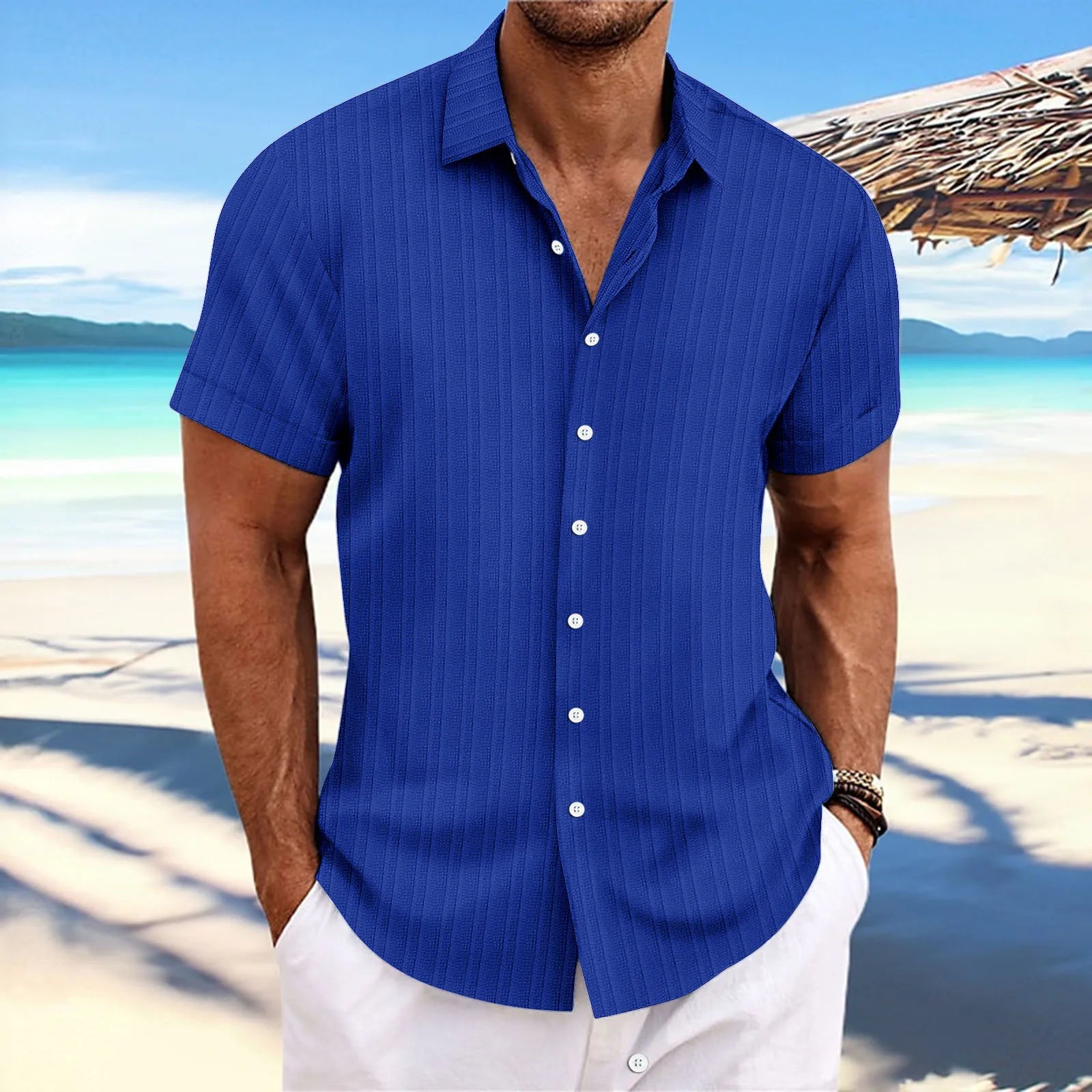 men's striped jacquard casual fashion comfortable loose short sleeve Hawaiian shirt-Dollar Bargains Online Shopping Australia