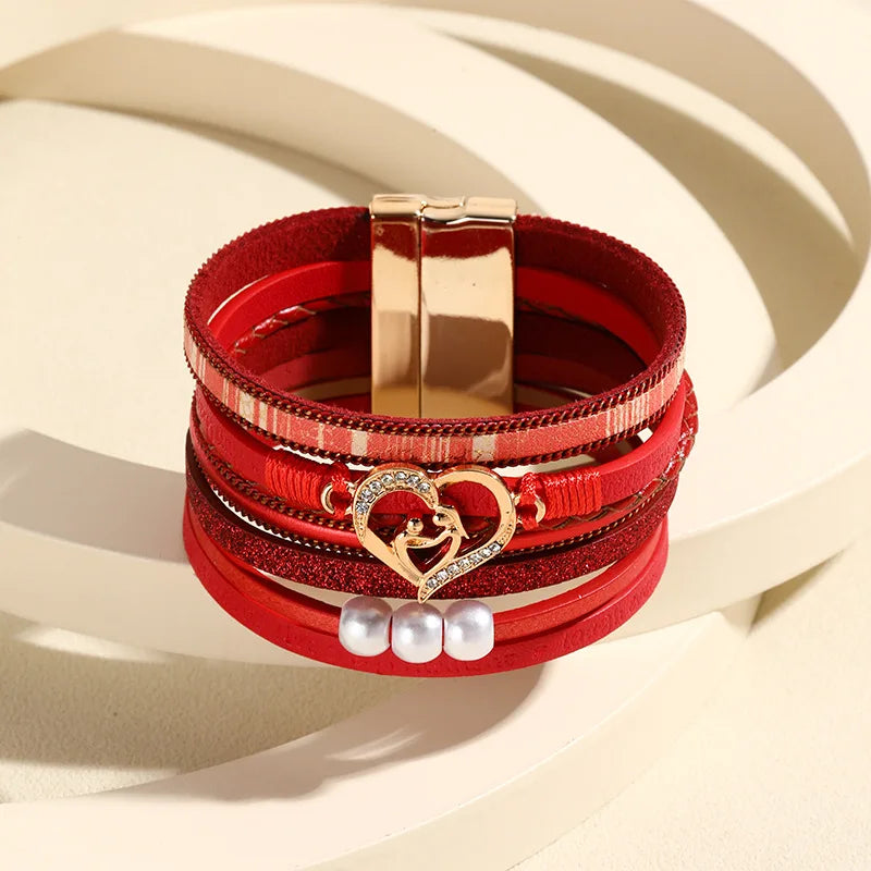 Boho Style Multi Layer Leather Bracelet for Women Luxury Jewelry Cupid Heart Open Magnet Buckle Bracelet as a Holiday Gift