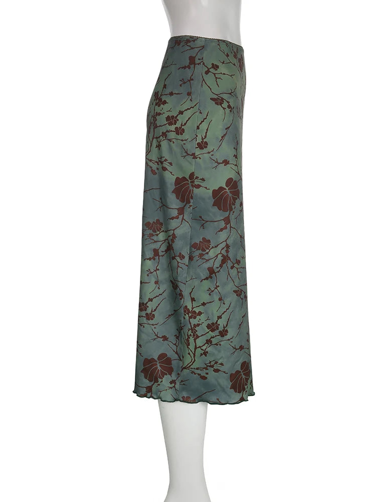 Vintage Long Skirt Green Floral Print Women Y2K High Street Grunge Fashion Elegant Mid-Calf Skirt