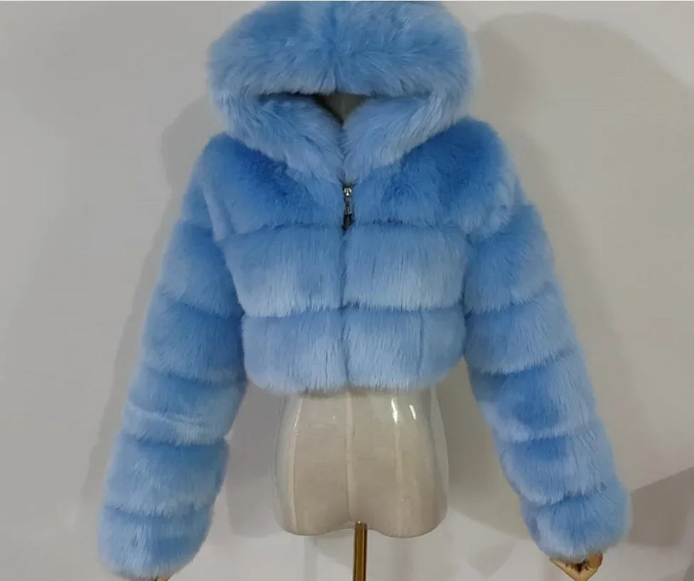 Furry Cropped Faux Fur Coats Jackets Women Fluffy Top Coat Hooded Straight Short Winter Fur Jacket Fashion Streetwear New