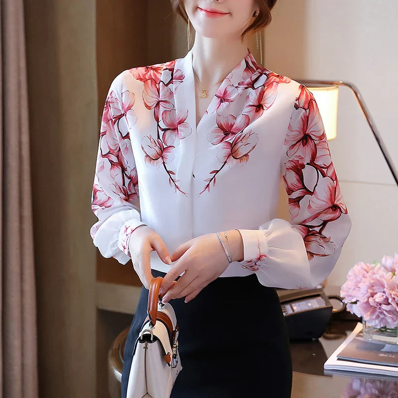 Blouses White Blouse Long Sleeve Blouse Women V-Neck Print Chiffon Shirt Women Tops-Dollar Bargains Online Shopping Australia