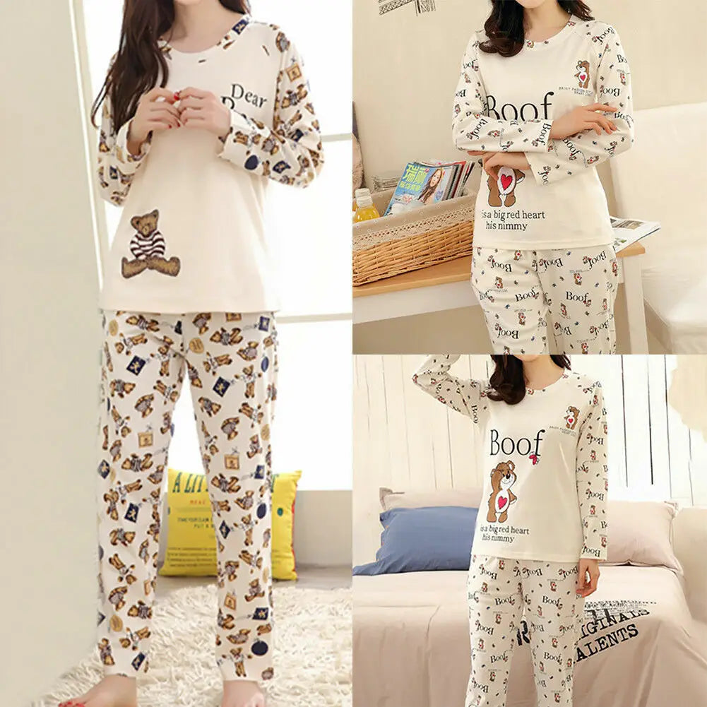 Ladies Womens Pyjamas Pj Set Long Sleeve Top Cartoon Cute Bear Nightwear Lounge Wear Pyjama 2 Pieces Suit-Dollar Bargains Online Shopping Australia
