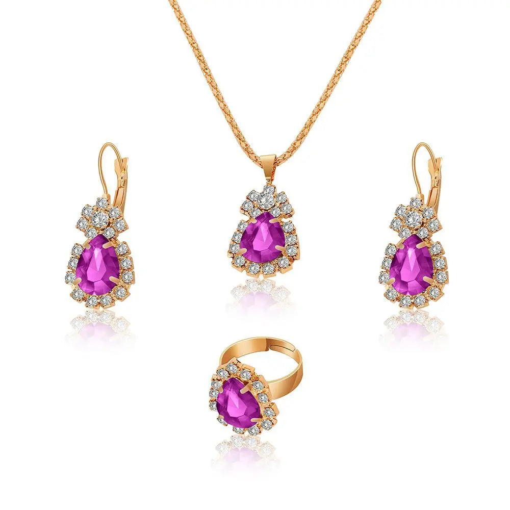 Crystal Ring Necklace Earrings Set Wedding Jewelry Sets For Brides Pendant Earrings For Girls Women African Jewelry Sets-Dollar Bargains Online Shopping Australia