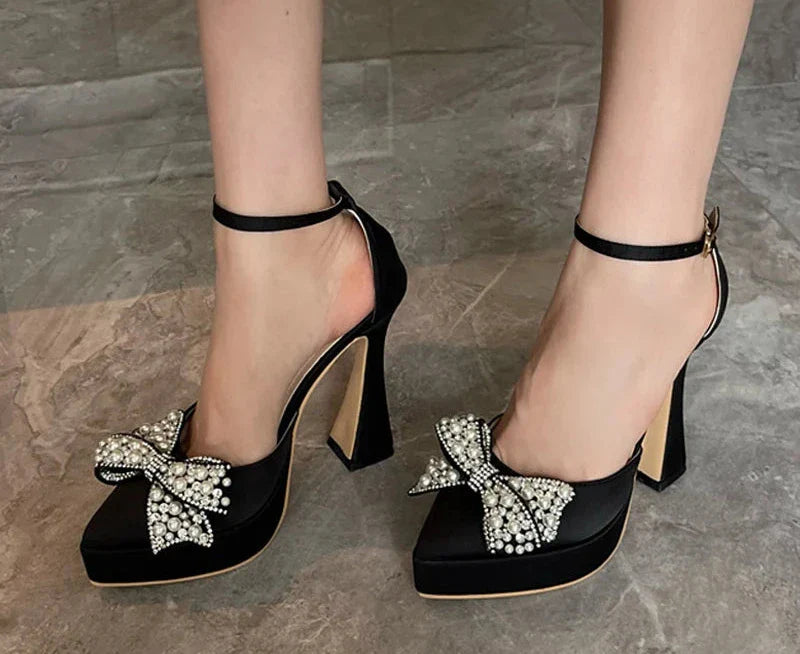 Pearl Butterfly-Knot Women High Heels Sandals Sexy Thick Bottom Pointed Toe Platform Pumps Wedding Banquet Shoes-Dollar Bargains Online Shopping Australia