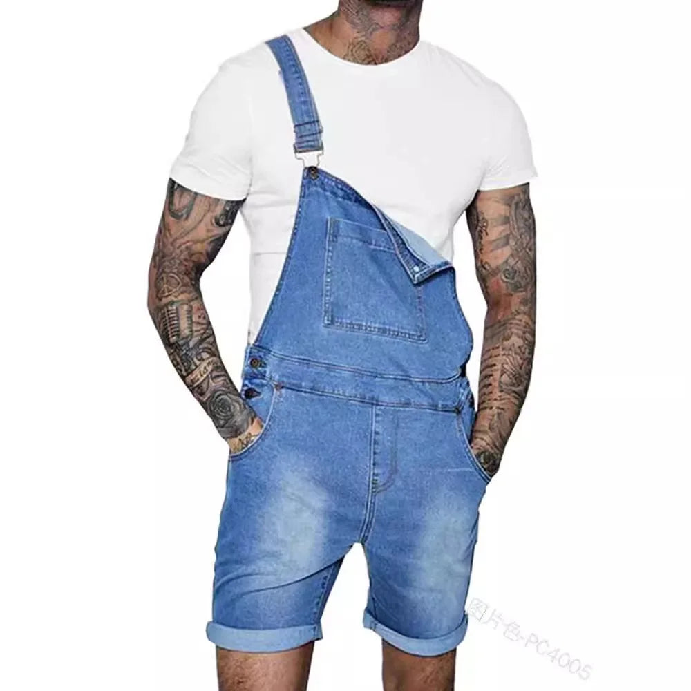 Men Jeans Rompers Overalls Wide Leg Pants Washing Spliced One Piece Pockets Summer Jumpsuits Knee Length Casual Distressed