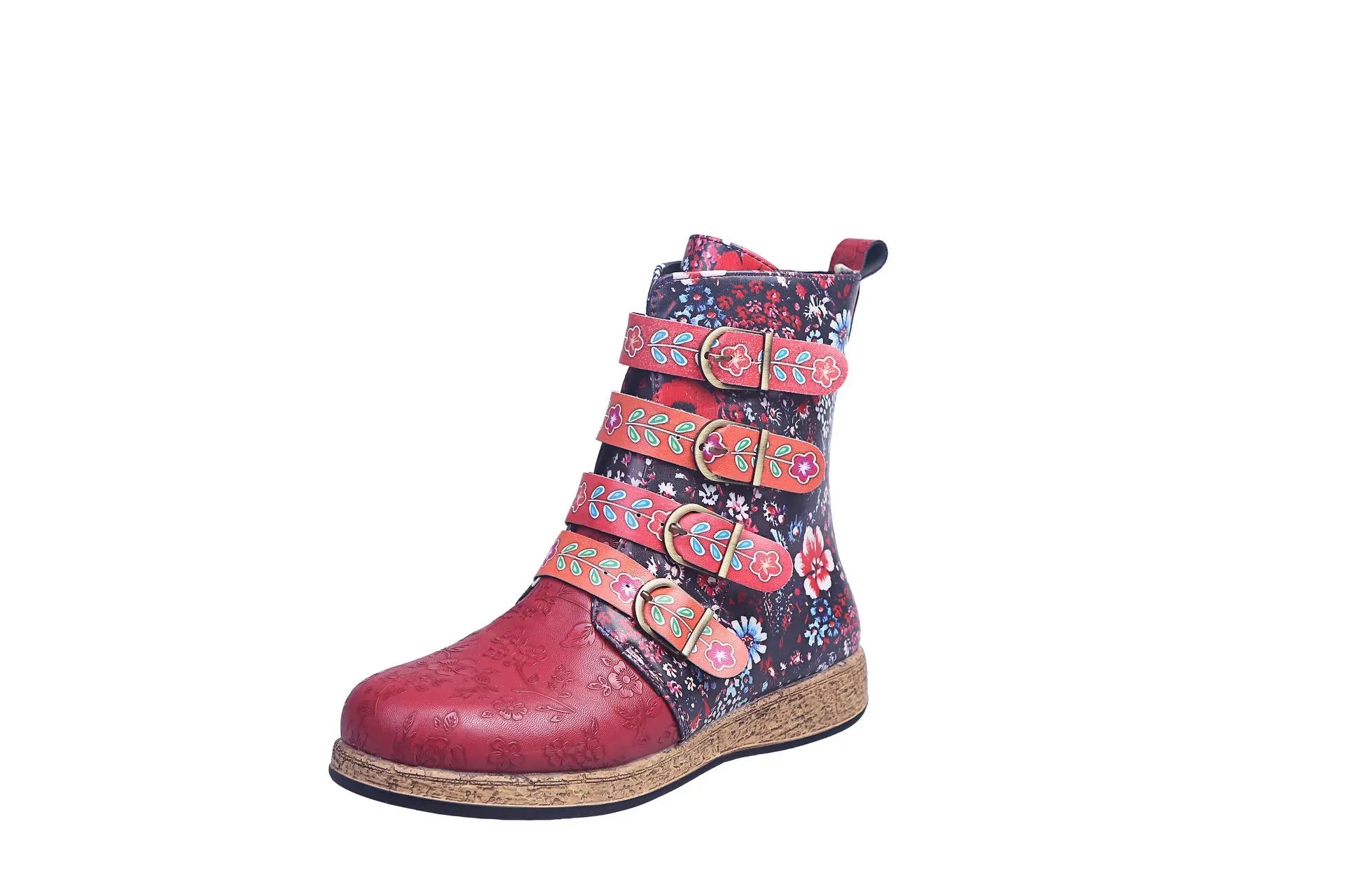 Women Boots Retro Printed Metal Buckle Soft Leather Zipper Ankle Boots Ladies Shoes Women