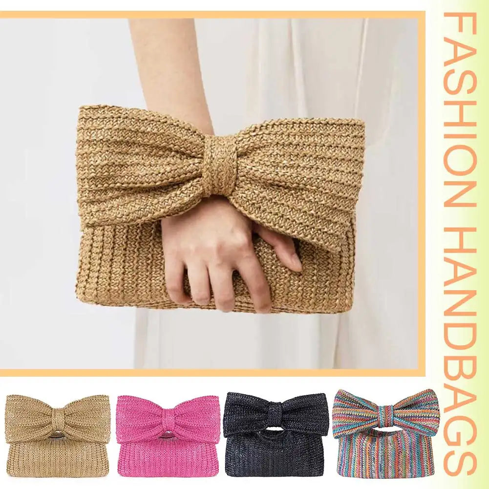 Women Straw Woven Handbag Zipper Closure with Bow Straw Summer Handbag Versatile Female Party Wedding Bag