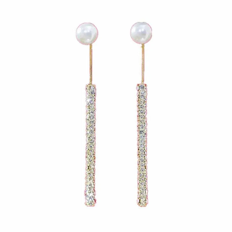 Korean Long Tassel Pearl Dangle Earrings for Women Luxury Full Rhinestone Gold Color Drop Earrings Wedding Party Jewelry Gift