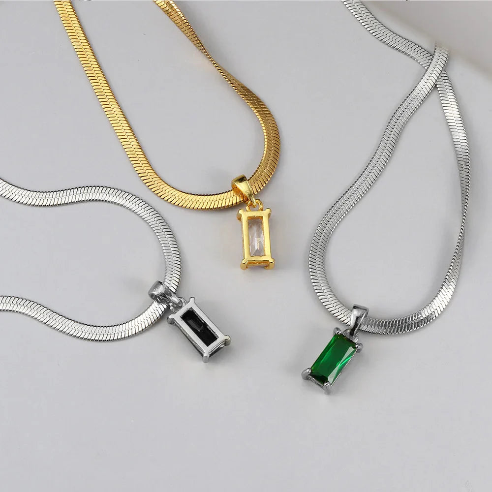 Squares Crystal Pendant Necklace for Women Dazzling CZ Gold Color Stainless Steel Choker Snake Chain on Neck Jewelry-Dollar Bargains Online Shopping Australia