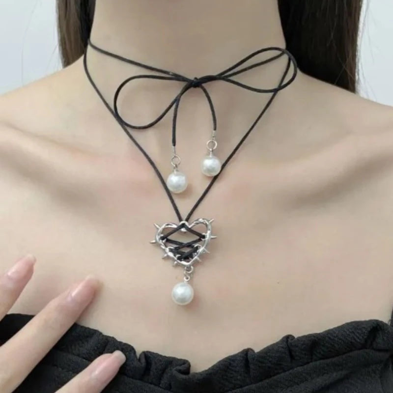 Pink Black Bow Tie Love Metal Heart Necklace Ribbon Pearl Pendant Necklace