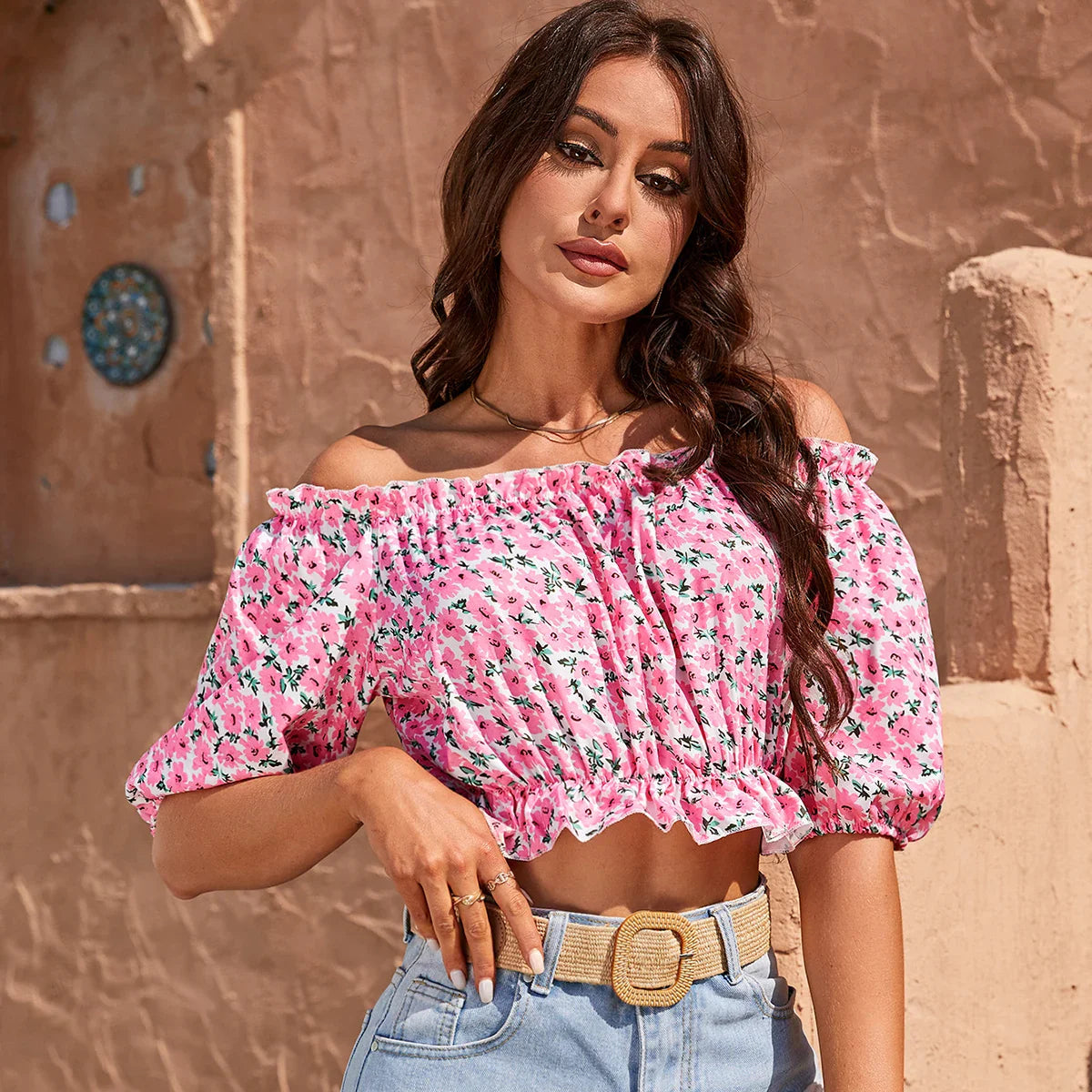 Floral Lantern Sleeve Casual Shirt Women Summer Vacation Elastic Off Shoulder Crop Tops Beach Style-Dollar Bargains Online Shopping Australia