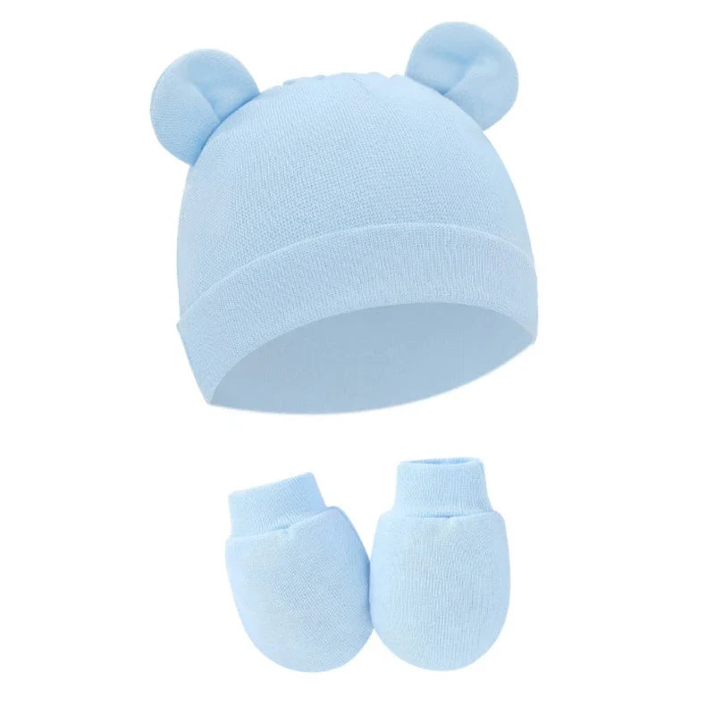 Newborn Cotton Hospital Hat Mittens Baby Beanie Solid Infant Baby Hats with Ear & No Scratch Mitten Soft Gloves Gift-Dollar Bargains Online Shopping Australia