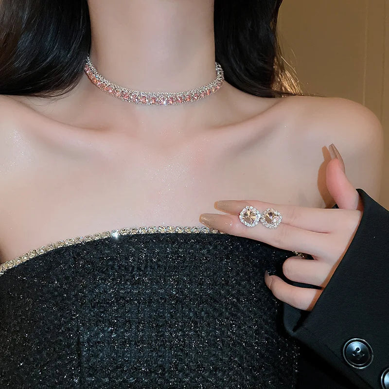 FYUAN Luxury Crystal Necklace Earrings Set Pink ABcolourful Necklace for Women Weddings Party Jewelry Sets Accessories-Dollar Bargains Online Shopping Australia