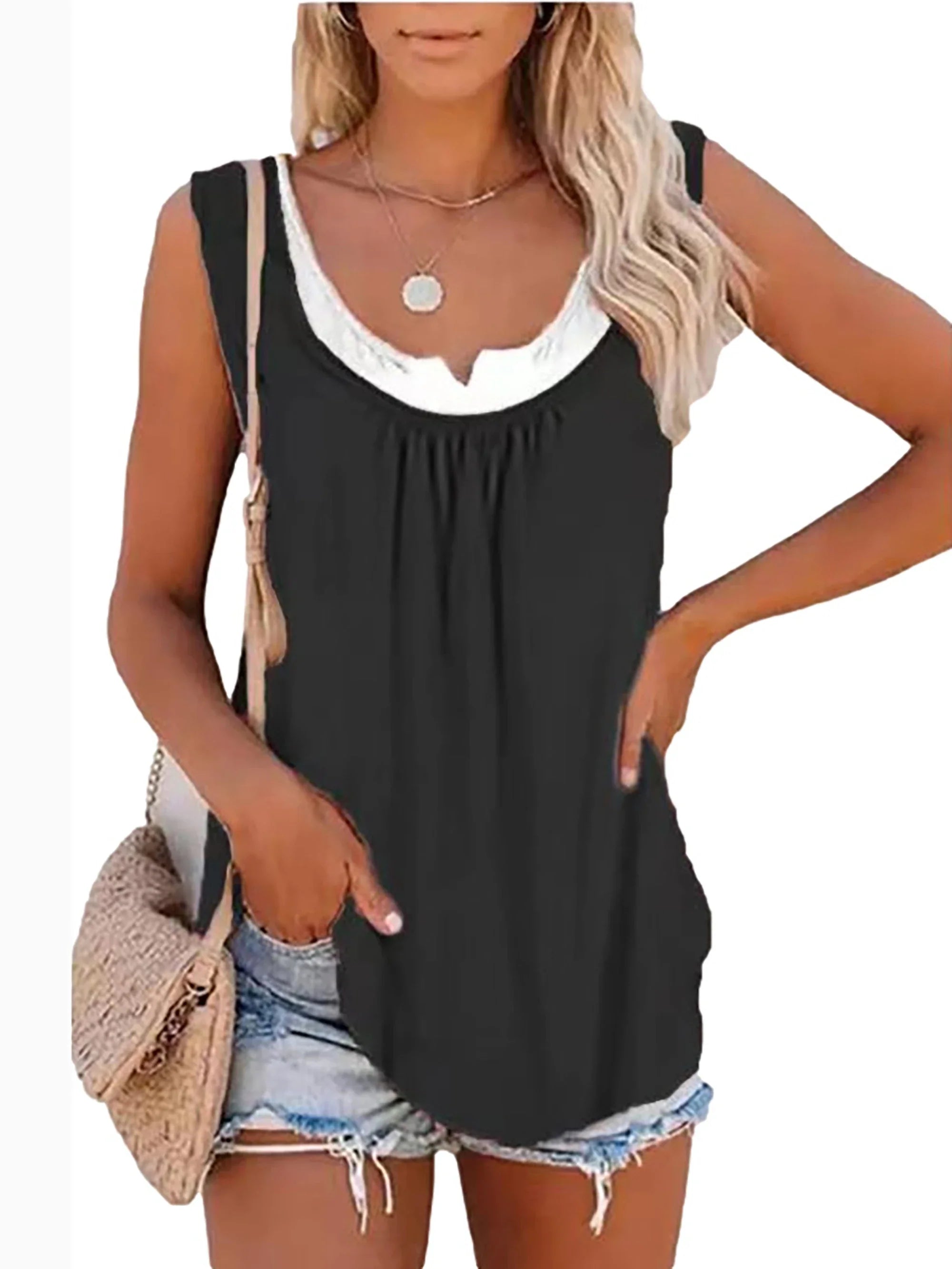 Womens blouse solid color patchwork sleeveless pleated vest T-shirt-Dollar Bargains Online Shopping Australia