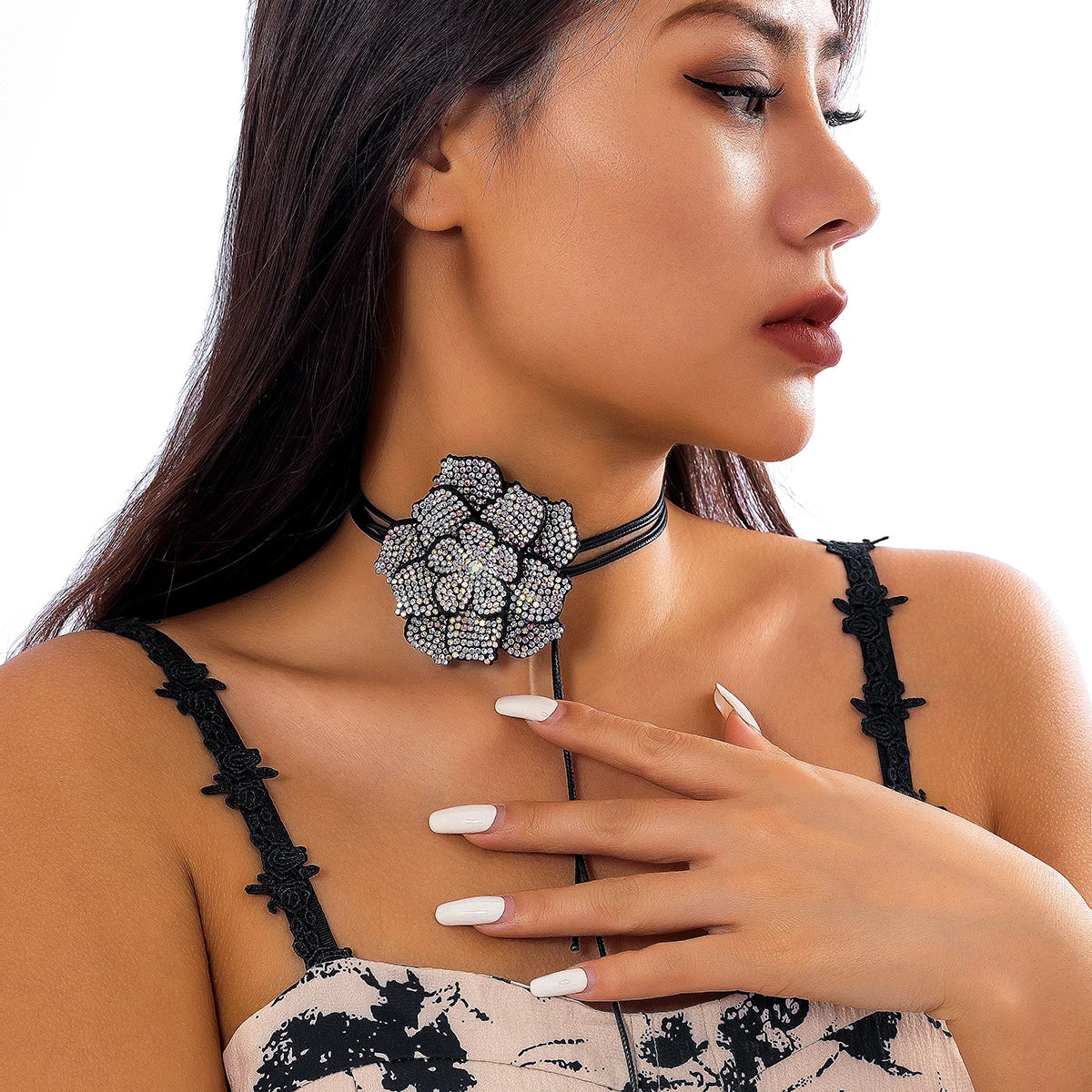 Luxury Full Rhinestone Big Rose Flower Choker Necklace Women Black Leather Wax Rope Clavicle Chain Adjustable Neck-Dollar Bargains Online Shopping Australia