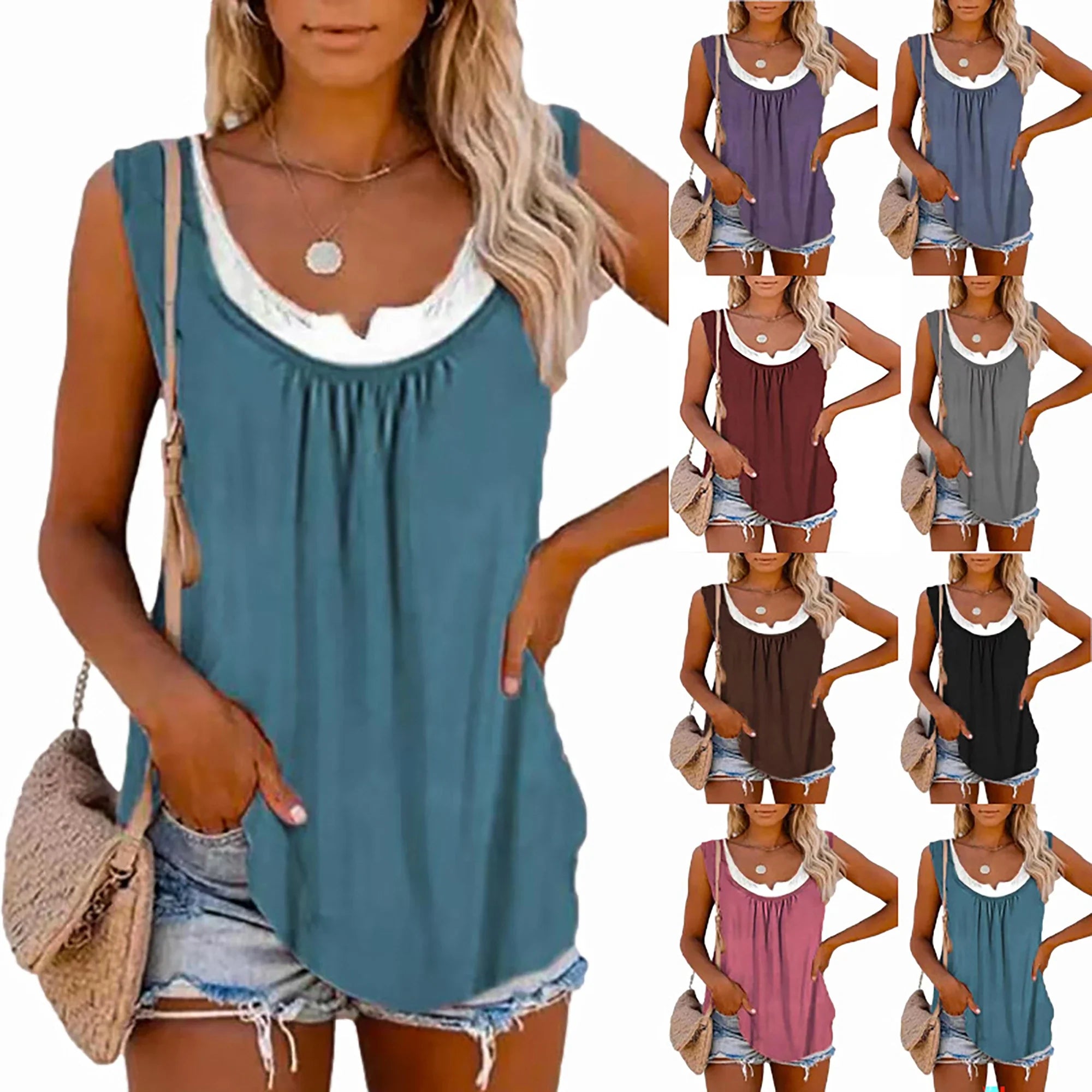 Womens blouse solid color patchwork sleeveless pleated vest T-shirt-Dollar Bargains Online Shopping Australia