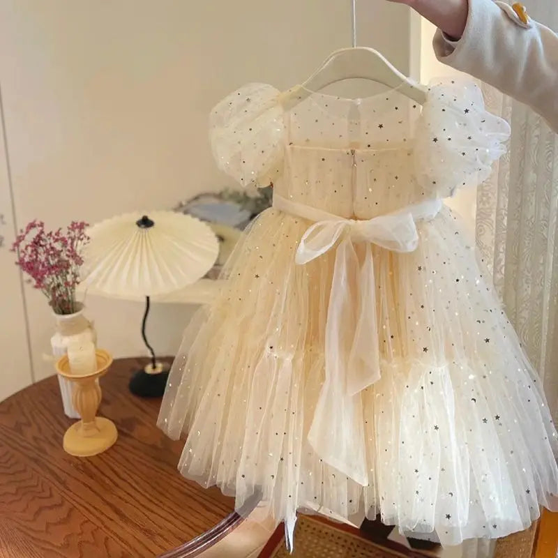 Girls' Elegant Dress Girl Baby Bubble Sleeve Mesh Sequin Dress Temperament Princess Party Short Sleeve Dress-Dollar Bargains Online Shopping Australia
