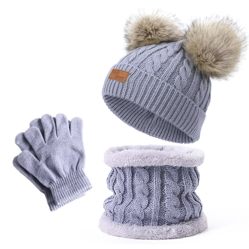 Warm Winter Baby Hats with Scarves for Kids Wool Pompom Baby Hat Children Bonnet Cap Boys Girls Knitted Scarf Gloves Beanie Caps-Dollar Bargains Online Shopping Australia