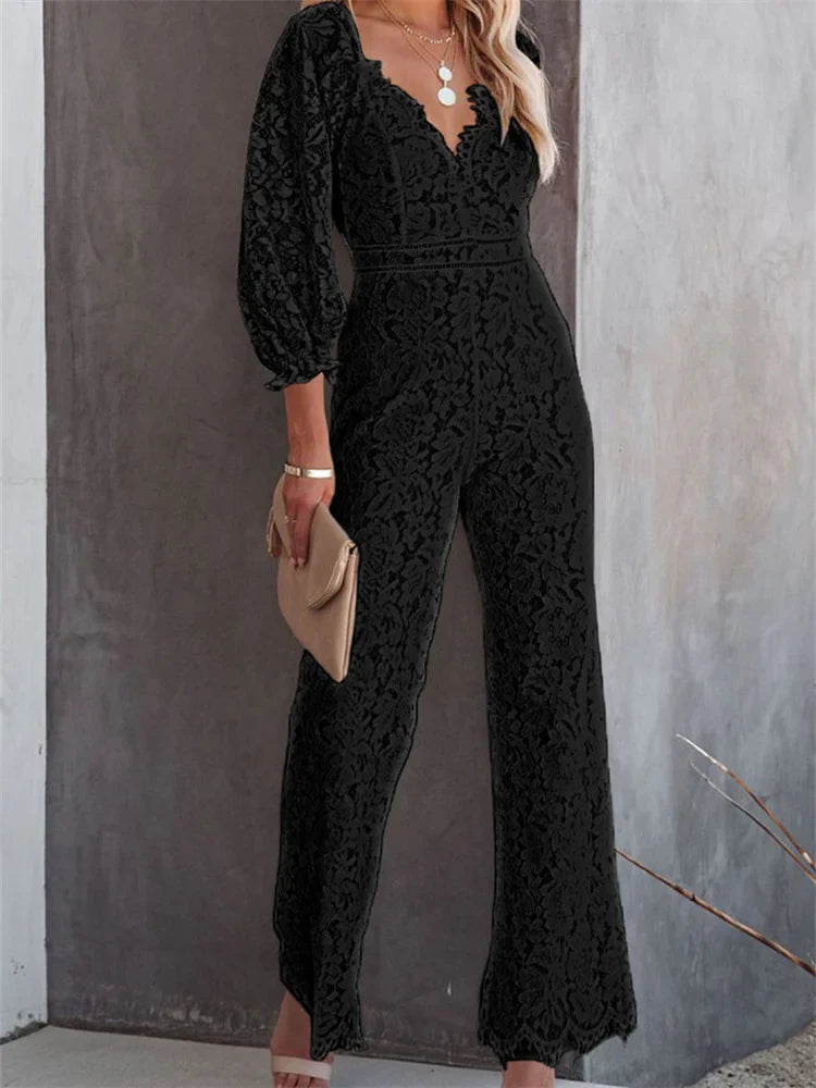 Elegant Women Lace Wide Leg Pants Jumpsuits Solid Color Long Sleeve High Waist V Neck Floral Rompers-Dollar Bargains Online Shopping Australia