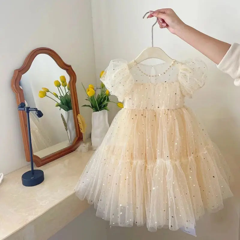 Girls' Elegant Dress Girl Baby Bubble Sleeve Mesh Sequin Dress Temperament Princess Party Short Sleeve Dress-Dollar Bargains Online Shopping Australia