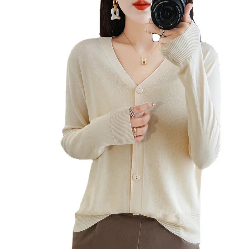 Thin Solid V-Neck Ice Silk Knitted Long Sleeve Cardigan Fashion V-Neck Top for Women-Dollar Bargains Online Shopping Australia