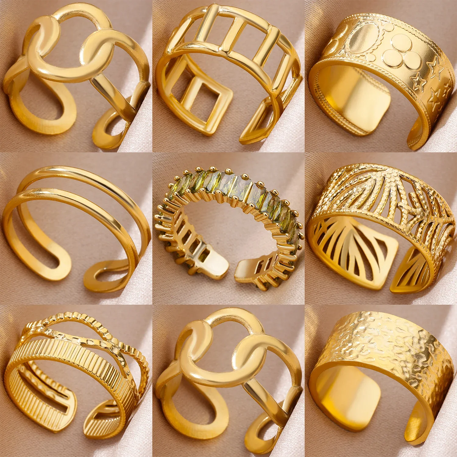 Rings for Women Gold Color Couple Jewelry Aesthetic Adjustable Punk Embossed Hollow Wide Ring-Dollar Bargains Online Shopping Australia