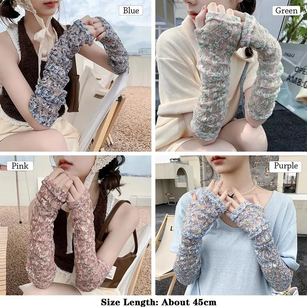Lace Hollow-Out Long Gloves Women Summer Sun Protection Arm Sleeves Mesh Thin Cycling Mittens