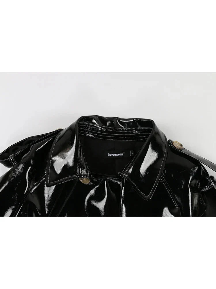 Long Shiny Black Red Patent Pu Leather Trench Coat for Women Belt Double Breasted Luxury Designer Clothes-Dollar Bargains Online Shopping Australia