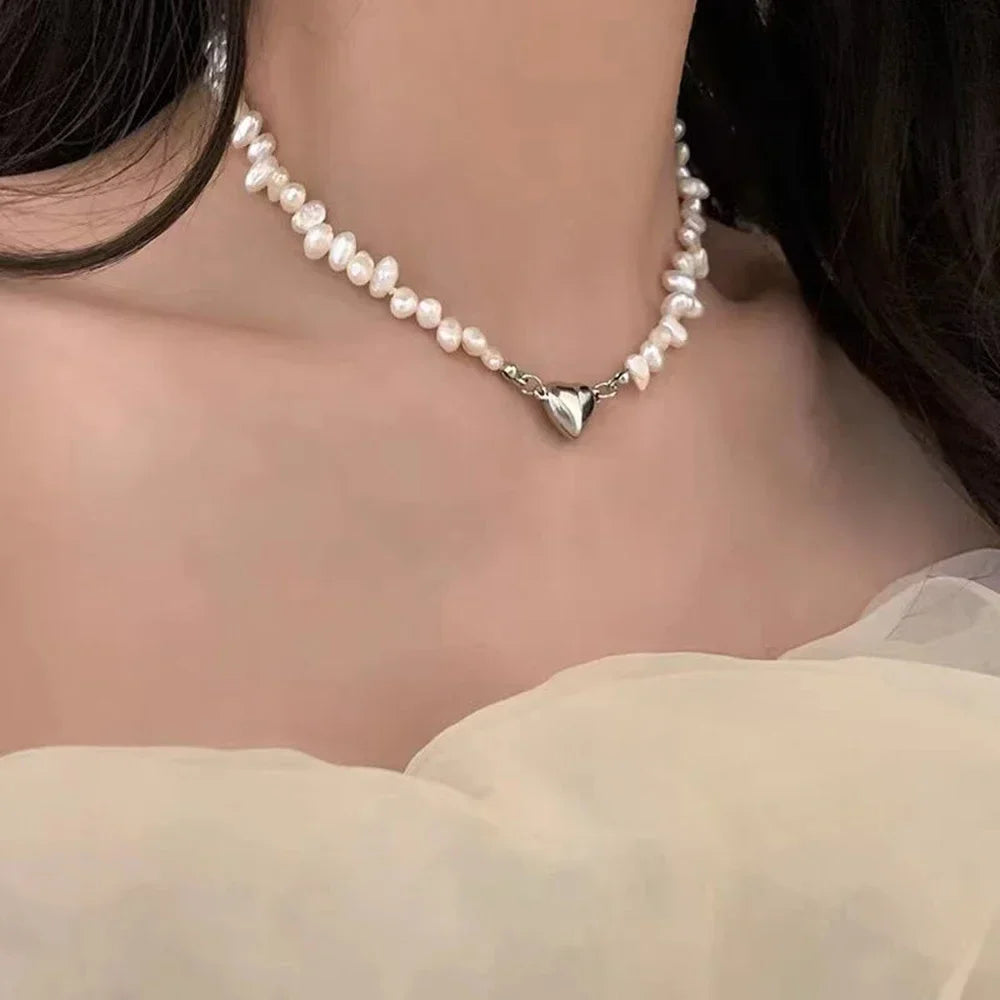 Pearl Chain Choker Necklace Magnetic Heart Pendant Women Girls Jewelry Bridal Engagement Gifts-Dollar Bargains Online Shopping Australia