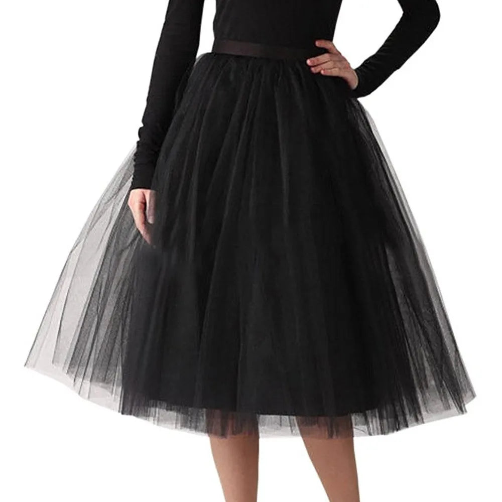 Women Tulle Skirt Pleated Gauze Knee Length Mesh A Line Skirt Adult Tutu Ballet Dancing Chic High Waist Party Skirts Fairy Style