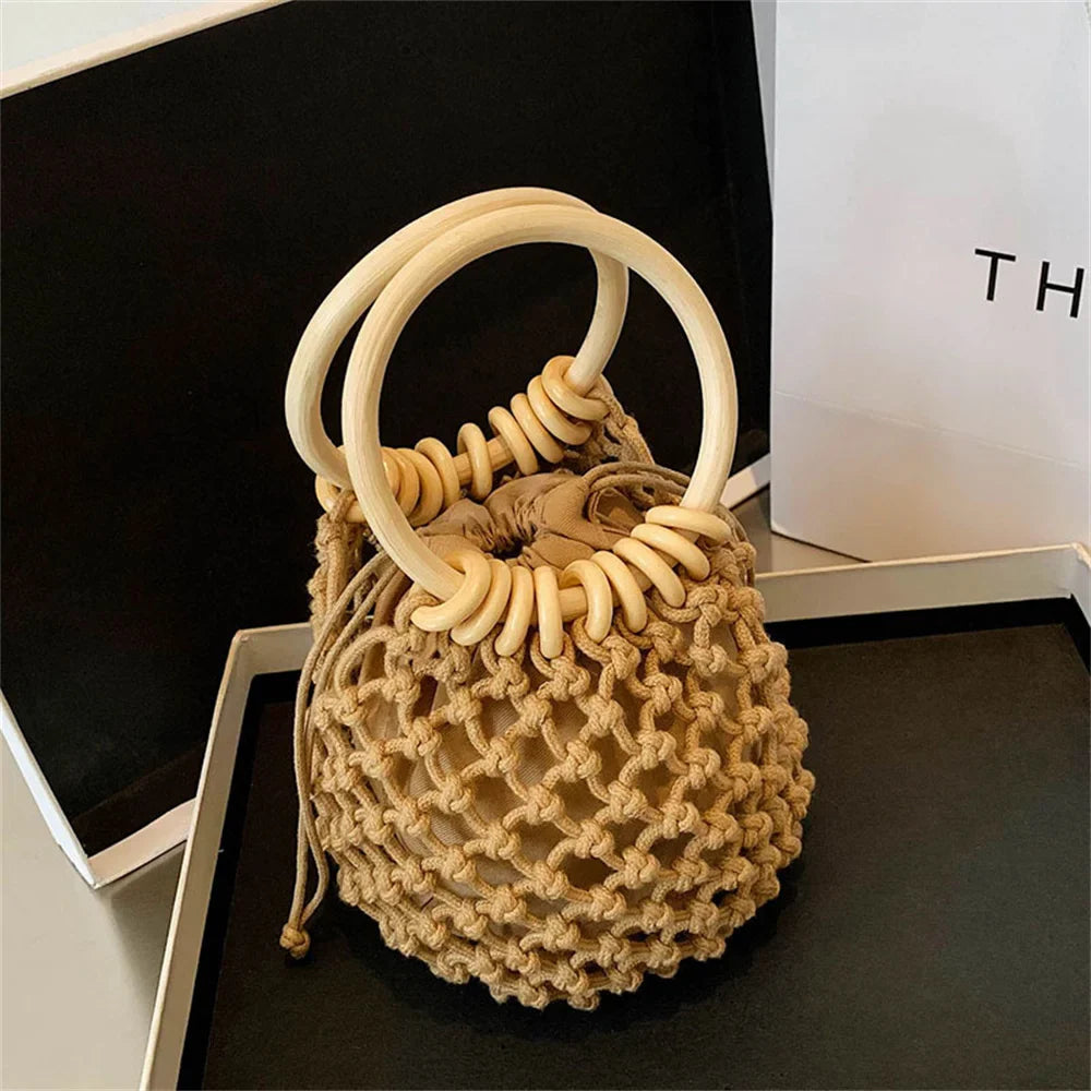 Summer Straw Woven Beach Bag Hollow Fishnet Handbag Women Shoulder Bags Rattan Ladies Purses Fashion Wrist Pack Bucket Tote-Dollar Bargains Online Shopping Australia