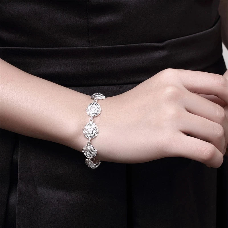 Rose flower 925 Sterling Silver rings Bracelets necklaces stud earrings Jewelry set for women Fashion Party gifts