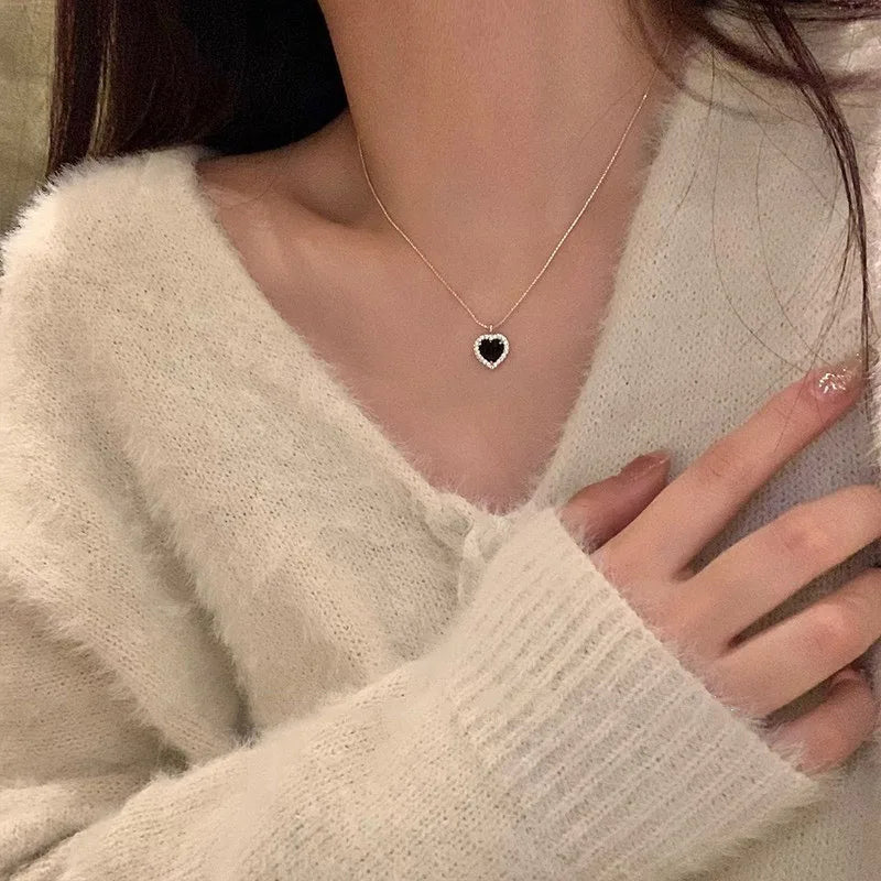 Unique Double Layer Black Love Heart Neckaces Women Exquisite Light Luxury Zircon Necklace Jewelry Party Gifts-Dollar Bargains Online Shopping Australia