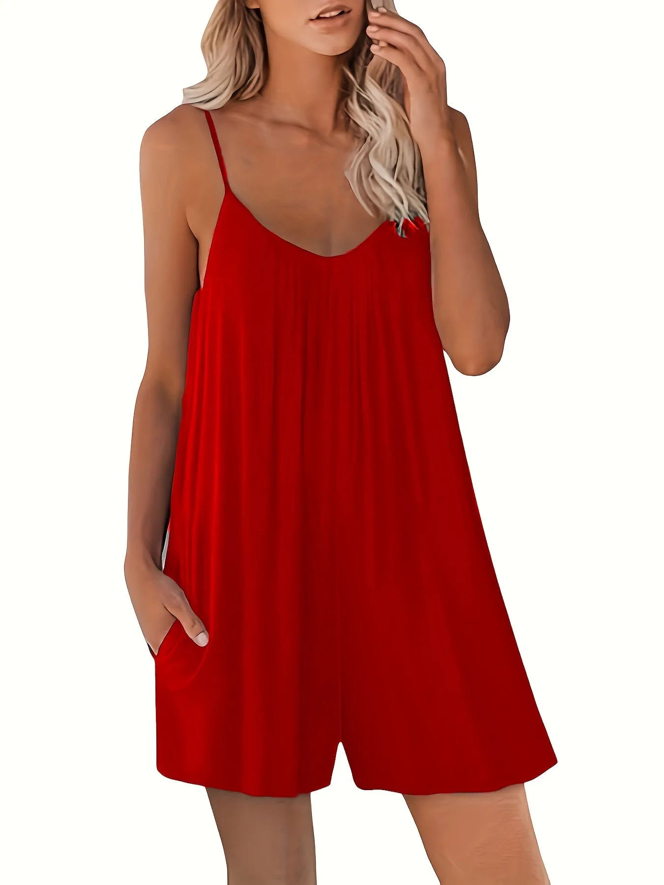 Women's Casual Strap Shorts Solid Round Neck Loose Pocket Jumpsuit-Dollar Bargains Online Shopping Australia