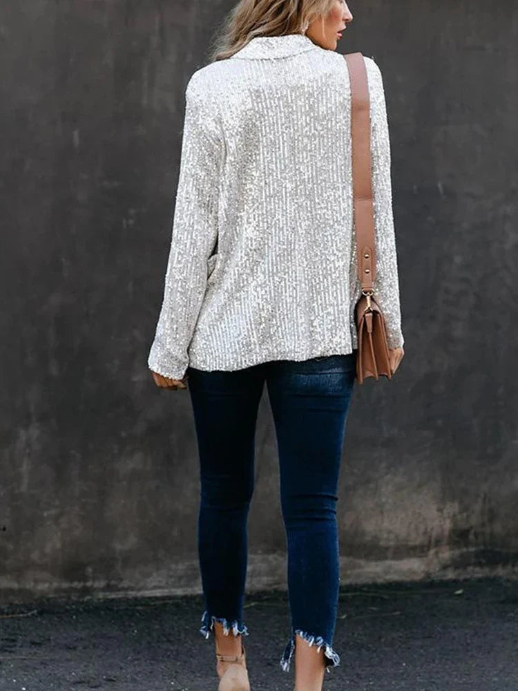 Sequined Women Blazer Elegant Lapel Office Lady Blazers Casual Long Sleeve Fashion Slim Female Jacket Coat Autumn Winter-Dollar Bargains Online Shopping Australia