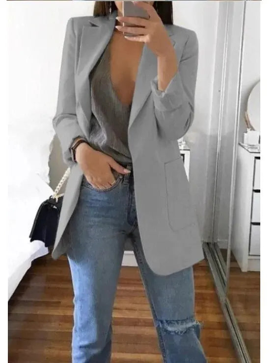 Plus Size Blazer Women Clothing Casual Cardigan Autumn Winter Overcoat Solid Large Topcoat Lapel Jacket Grace Fashion Outer Wear